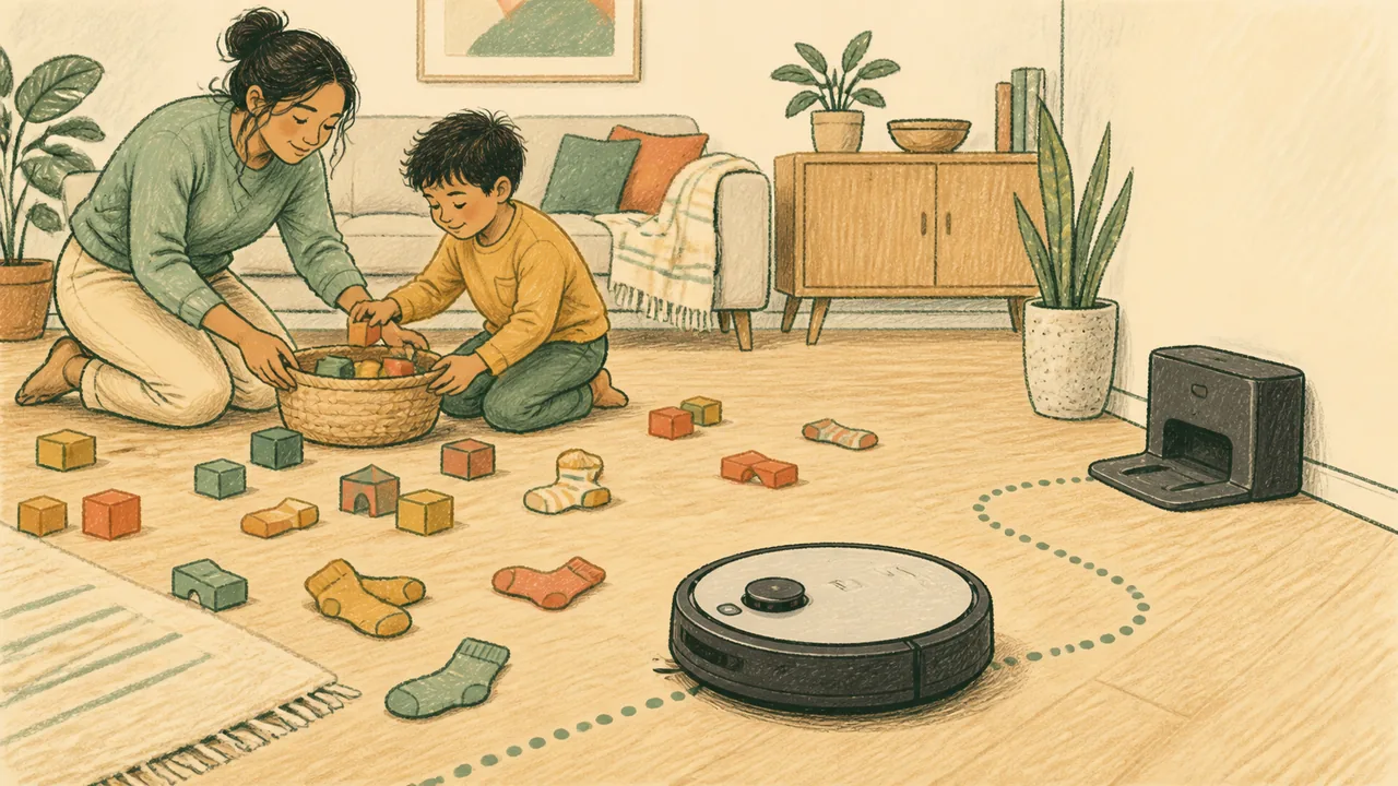 Editorial illustration of a parent and child tidying as a generic robot vacuum follows a dotted route to its dock