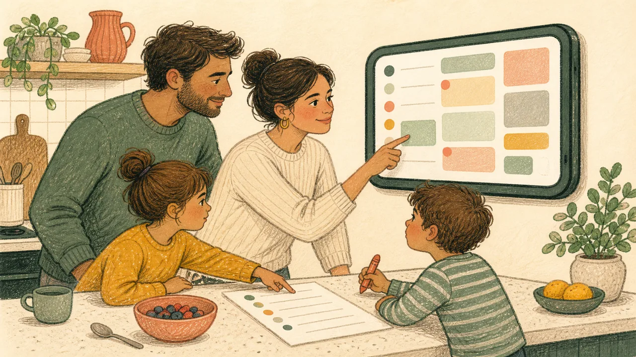Editorial illustration of a family planning together around a generic wall-mounted household display