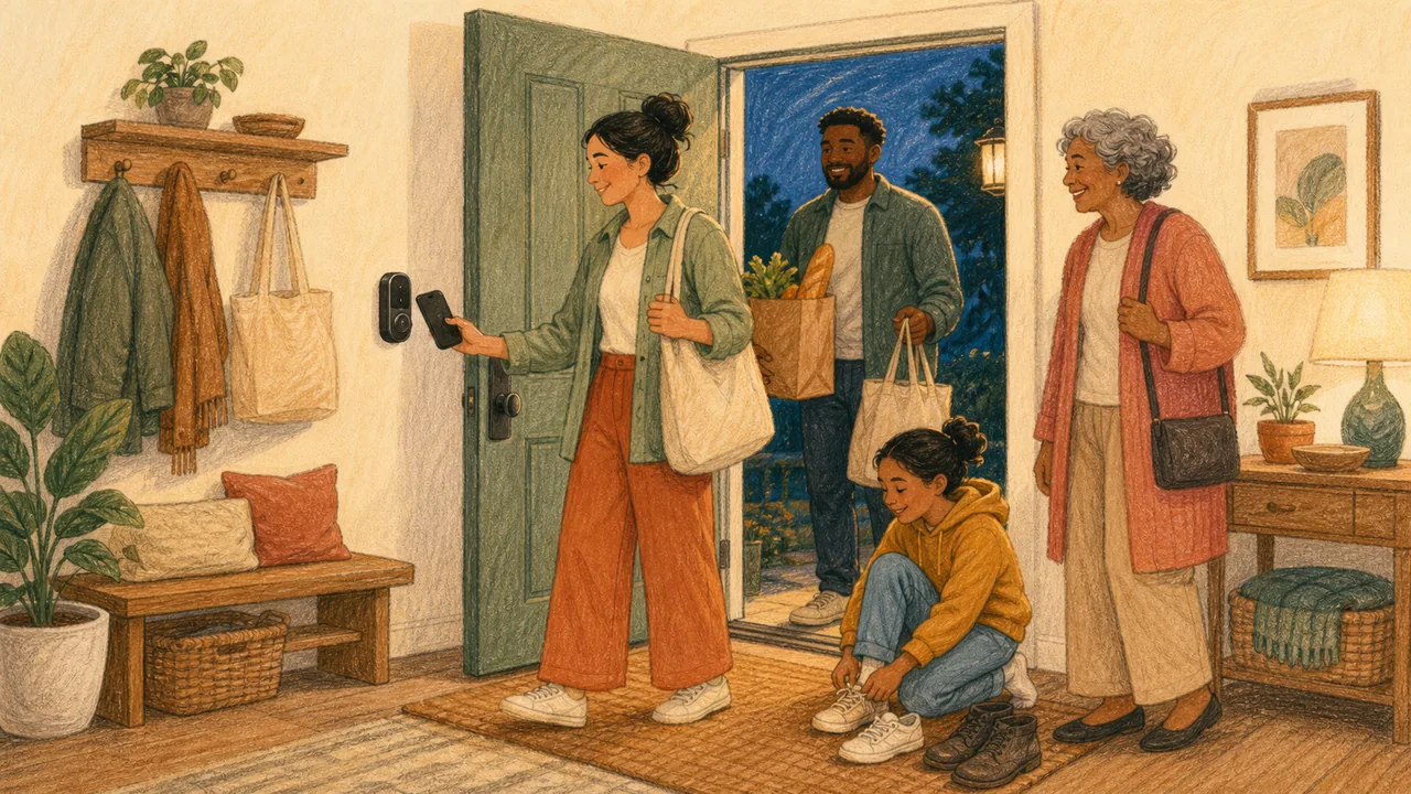 Editorial illustration of a multigenerational family arriving through a door with a generic smart deadbolt