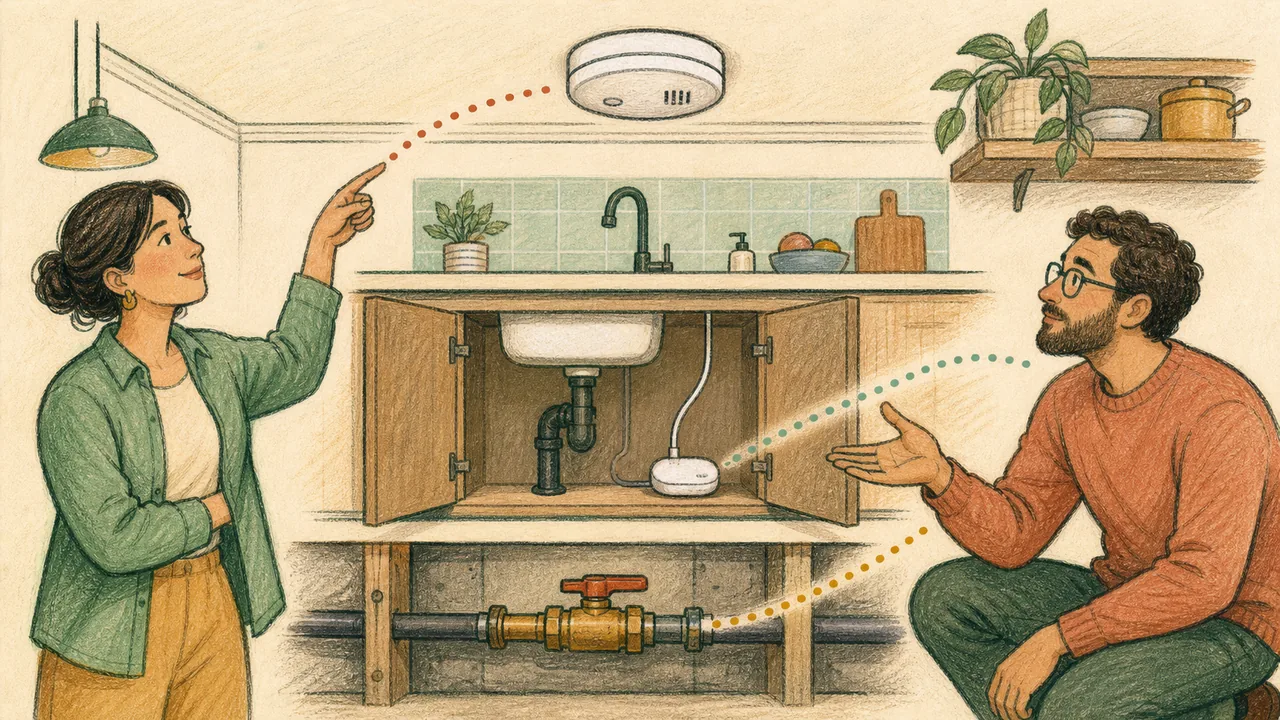Editorial illustration of adults comparing generic alarm, leak-sensor, and water-shutoff safety jobs in a dry home