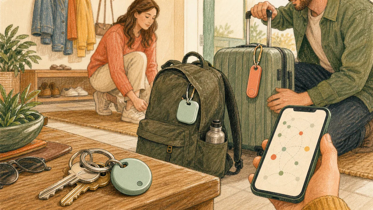 Editorial illustration of a family comparing generic item finders attached to keys, a backpack, and luggage