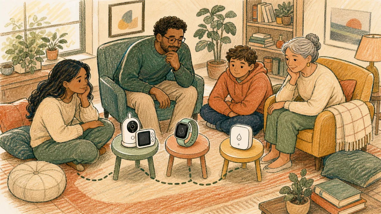 Editorial illustration of a family comparing a generic nursery monitor, wearable, and leak sensor in a living-room reading corner
