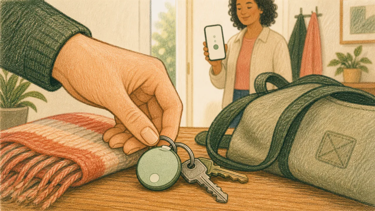 Editorial illustration representing Apple AirTag second generation decision context with a generic round item finder attached to keys