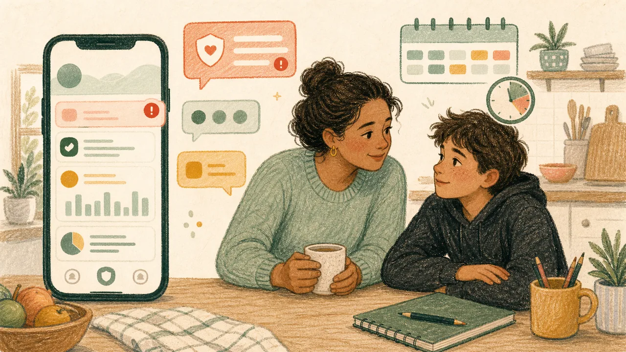 Editorial illustration representing Bark App decision context with a caregiver and child discussing abstract phone alerts