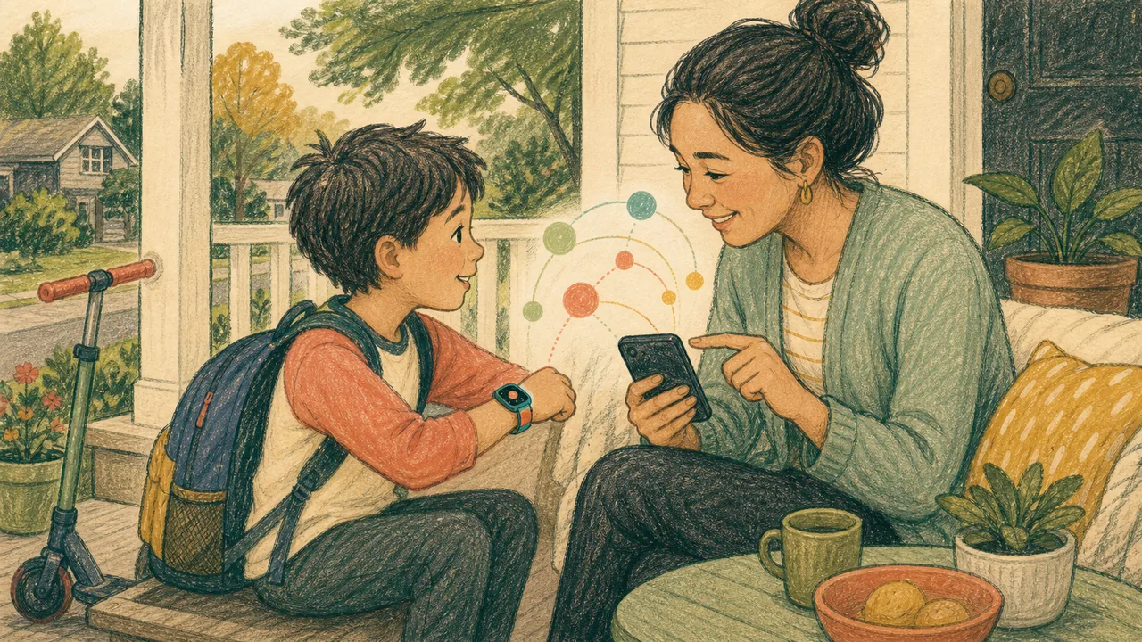 Editorial illustration representing Fitbit Ace LTE decision context with a child and caregiver discussing a generic smartwatch