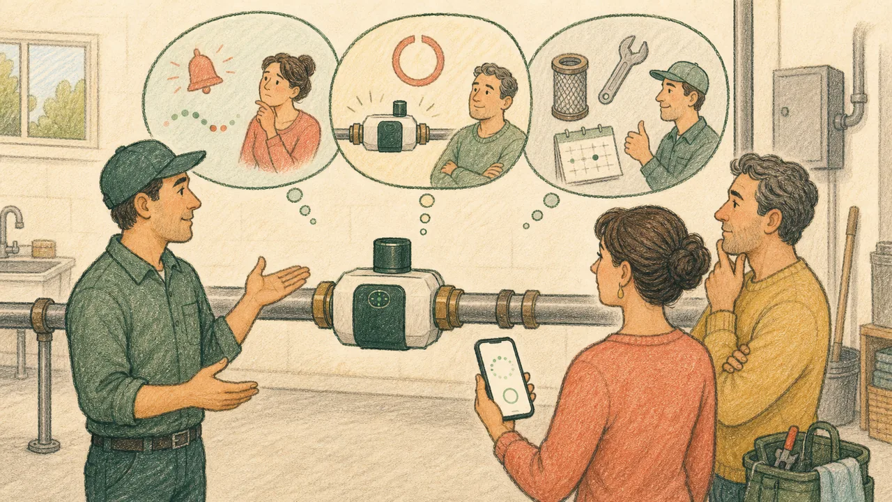 Editorial illustration representing Flo by Moen decision context with a plumber explaining a generic inline water shutoff valve