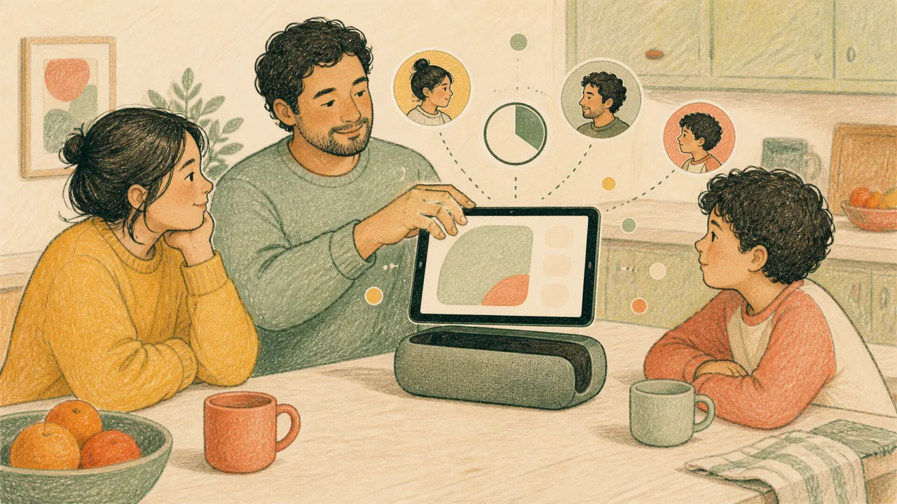 Editorial illustration representing Google Pixel Tablet decision context with a family using a generic docked landscape tablet
