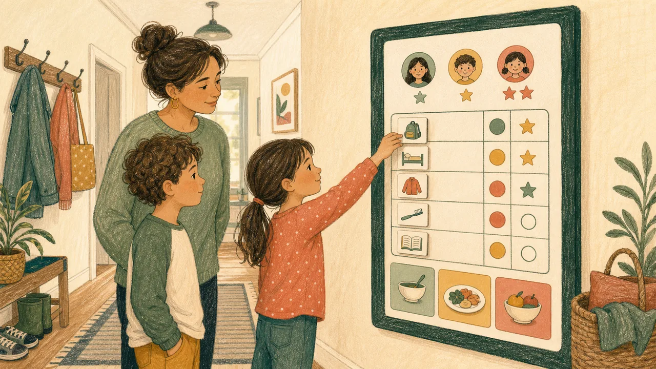 Editorial illustration representing Hearth Display decision context with a family using a generic portrait wall organizer