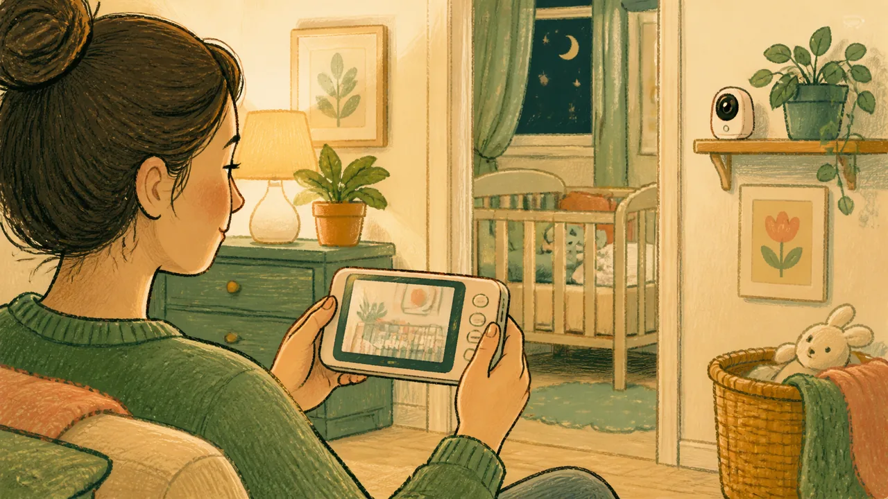 Editorial illustration representing Infant Optics DXR-8 PRO decision context with a generic dedicated handheld monitor and nursery camera