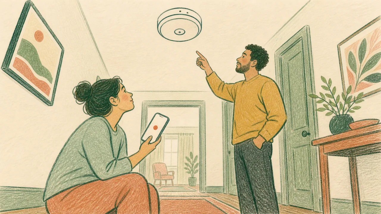 Editorial illustration representing Kidde Ring Smart Smoke and CO Alarm decision context with a generic ceiling alarm and phone alert