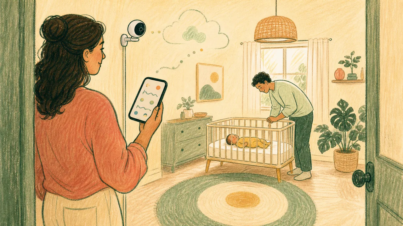 Editorial illustration representing Nanit Smart Baby Monitor decision context with a generic connected nursery camera and direct caregiver check