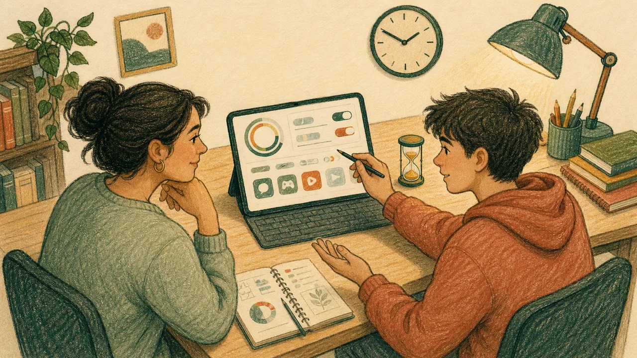 Editorial illustration representing Qustodio Premium decision context with a caregiver and teen reviewing abstract time-limit controls
