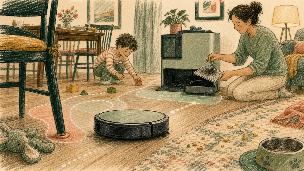 Editorial illustration representing Roborock Saros 10R decision context with a generic low robot vacuum navigating toward a dock