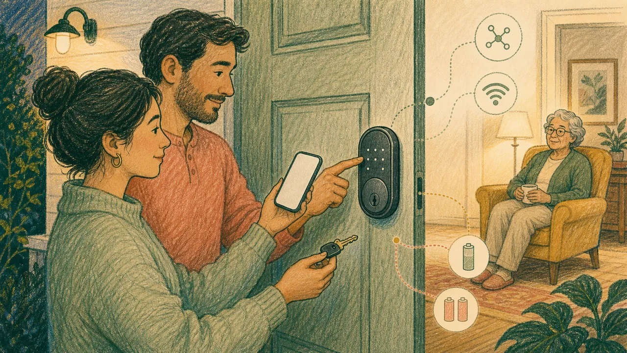 Editorial illustration representing Schlage Encode Plus decision context with a family comparing generic phone, keypad, and key access
