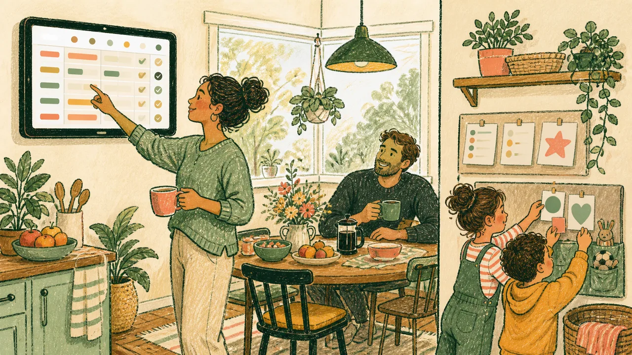 Editorial illustration representing Skylight Calendar decision context with a family using a generic landscape household calendar display