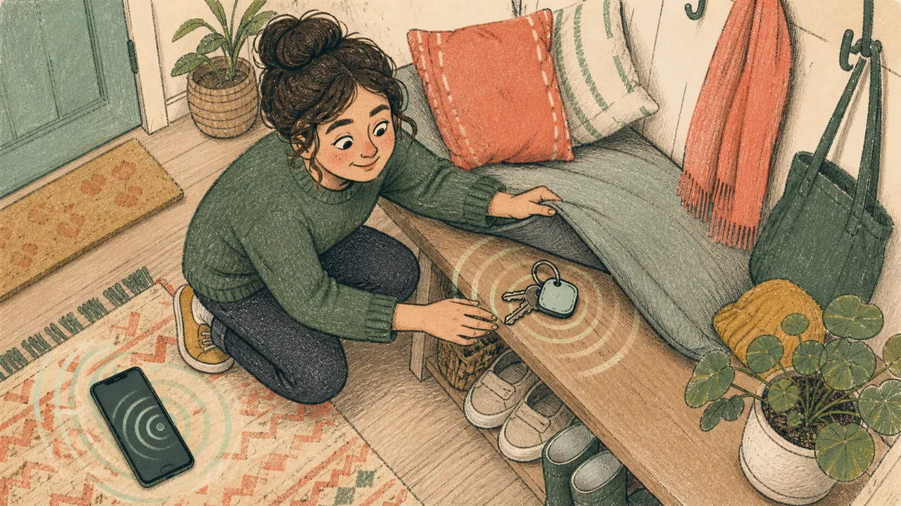 Editorial illustration representing Tile Mate 2024 decision context with a generic rounded-square finder attached to keys